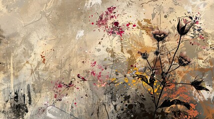 Bold paint strokes and splatters evoke emotion around dried flowers in Abstract Expressionist style