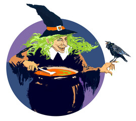 Scary Old Halloween Witch with Raven and Cauldron
