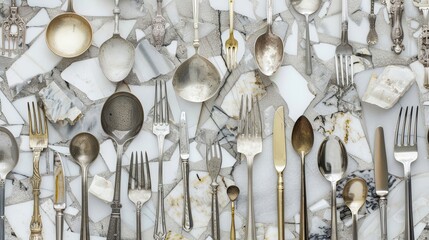 Dadaism backdrop with silverware in whimsical nonsensical arrangements on fragmented surfaces