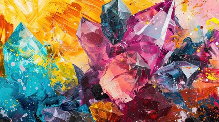 Bold strokes and splashes of paint over gemstones in an Abstract Expressionist background