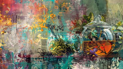 Vivid Neo-Expressionist wallpaper with exaggerated tea leaves in glass jars expressing emotions