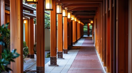A serene corridor with wooden pillars and lanterns, creating a tranquil atmosphere.