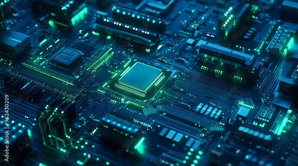 Aufkleber close-up of a computer motherboard with a processor in the center, glowing green.