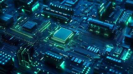 Fototapeta premium Close-up of a computer motherboard with a processor in the center, glowing green.