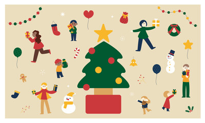 人物とクリスマスのイラストセット