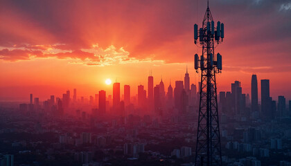 Detailed view of a cellular tower on a city rooftop, with a blurred cityscape in the background.	
