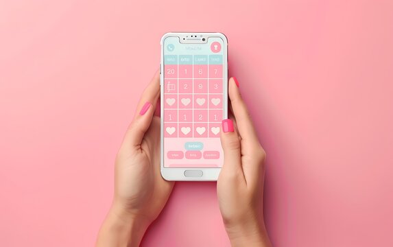 Female hands holding mobile phone with calendar app on screen on pink background