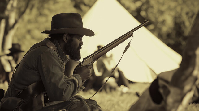 American civil war soldier holding rifle in sepia tone