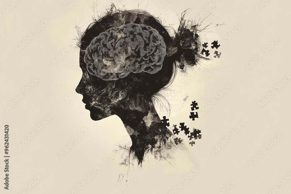 Poster neuronal connectivity brain neurons abstract dual female profiles with a puzzle brain illustrating t