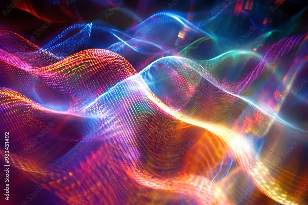 Poster Colorful abstract waves of light create a mesmerizing display in a dark space, showing dynamic movement and energy. Generative AI