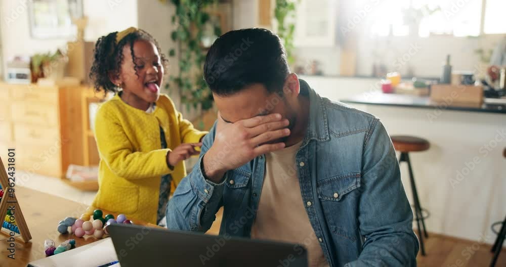 Sticker Remote work, child and attention from father on laptop with behavior problem, distraction and overwhelmed in home. Freelancer, man and energetic daughter at dining table with noise, annoyed and chaos