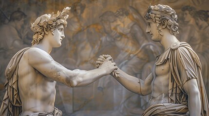 Obraz premium Two ancient Roman statues in white marble, sculpted in detail, stand facing each other with their hands clasped in front of them. 