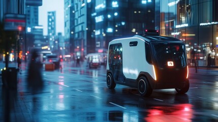 Autonomous Vehicle Driving Through a City Street at Night