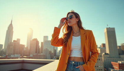 Fototapeta premium Fashionable person on a rooftop enjoying the urban skyline, perfect for lifestyle ads.