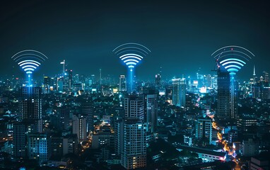 Wi fi network signal over cityscape at night, internet connection concept