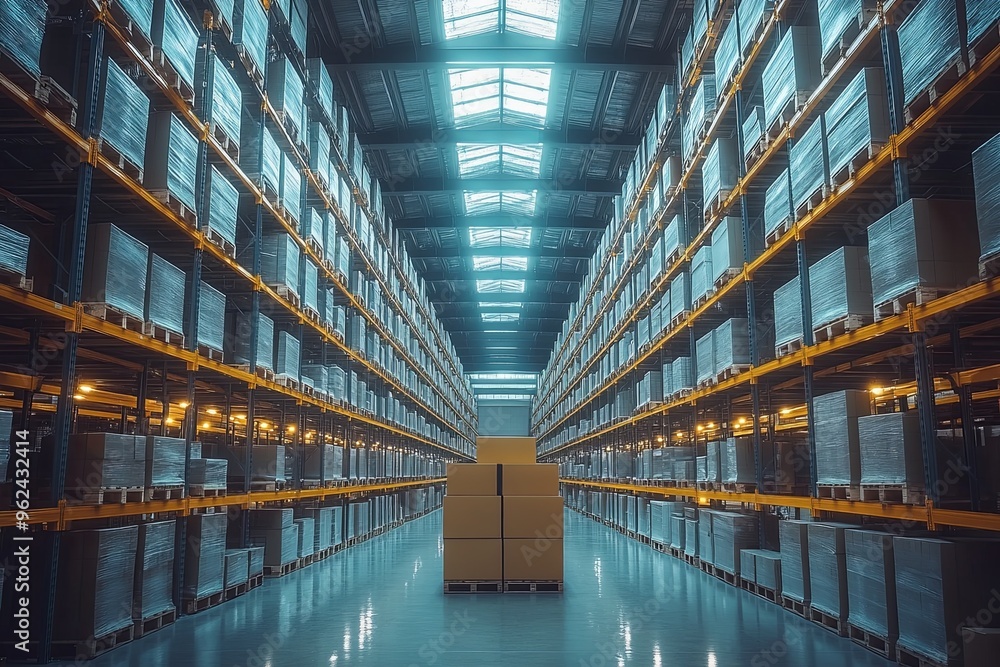 Poster large warehouse filled with neatly stacked boxes on metal shelving during daytime. generative ai