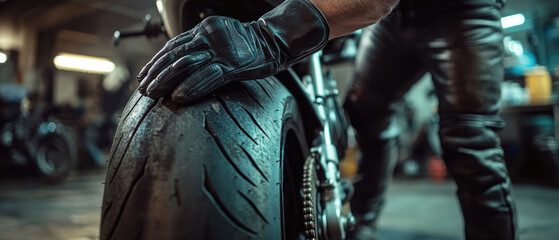 Title: Close-up of a motorcycle mechanic checking a tire
