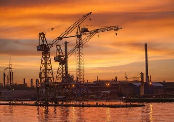 Fototapeta premium Tower cranes and elements of an oil refinery are silhouetted against a brilliant sunset near Antwerpn, Belgium.