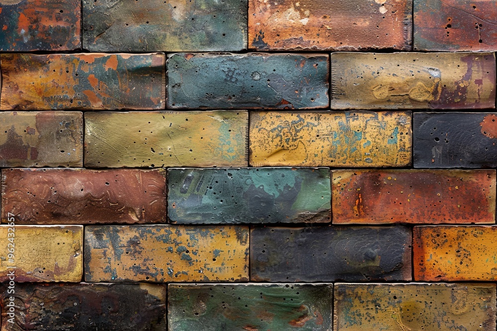 Poster a colorful arrangement of textured bricks showcasing various hues and patterns on a weathered wall i