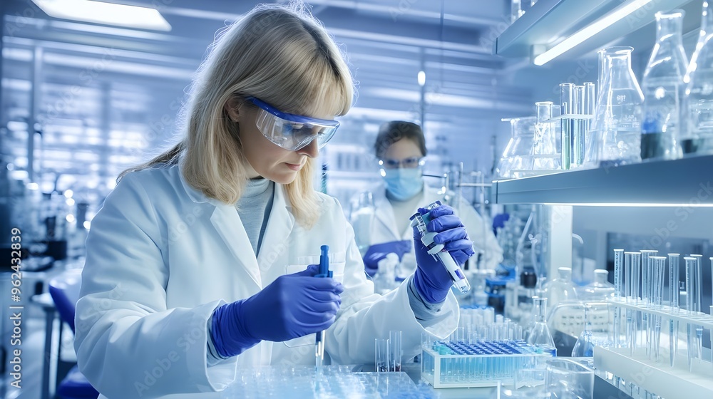 Poster female scientist working in lab with pipette and test tubes