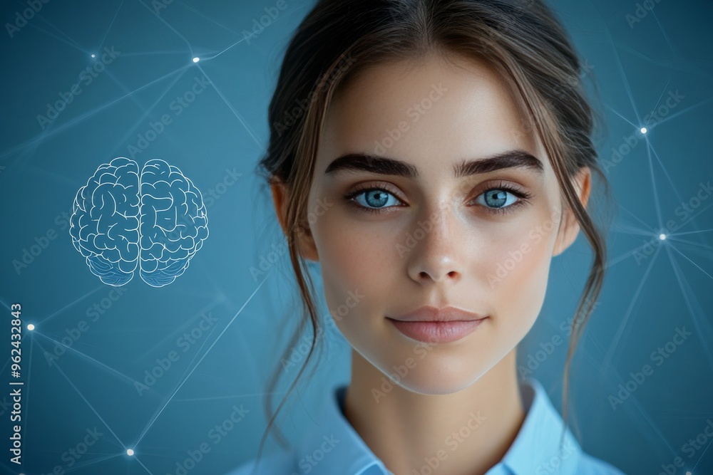 Poster cognitive neural system neural circuits young woman with a digital brain and serene expression repre