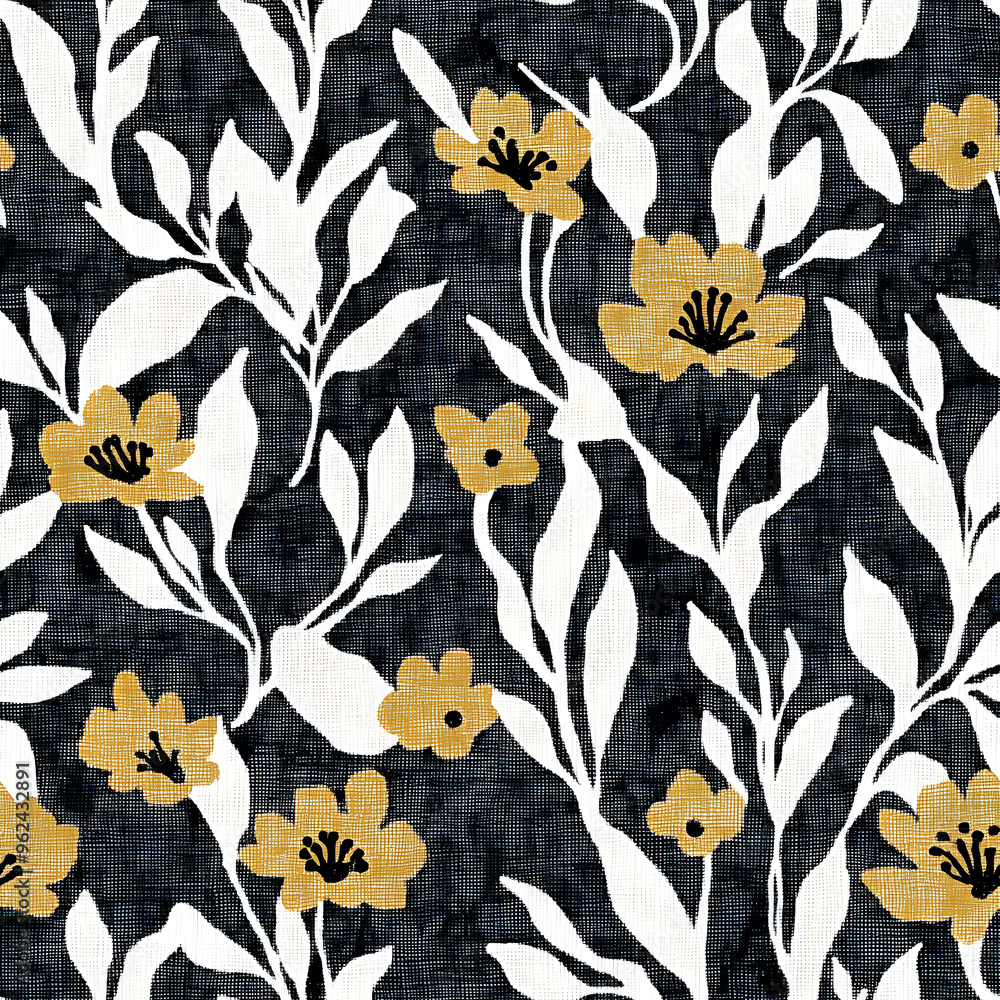 Poster modern printed fabric wildflower blockprint pattern with linen fabric textures. stylized hand drawn 