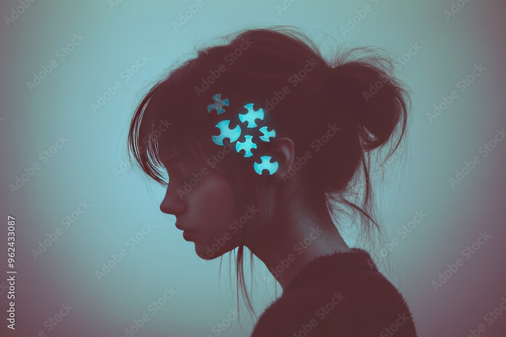 Poster thought processor neural circuits female profile with a glowing puzzle brain symbolizing the search 