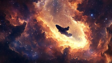 Fototapeta premium Spaceship Soaring Through a Cosmic Nebula
