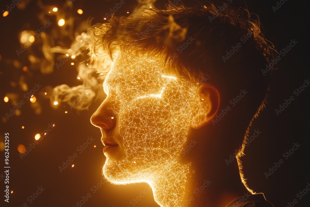 Poster neural network system neural circuits male profile with a fiery glowing brain illustrating the passi