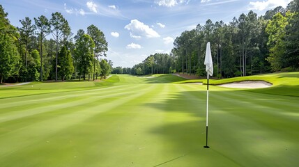 Beautiful green golf course with flag and hole on a sunny day in northern Georgia, USA