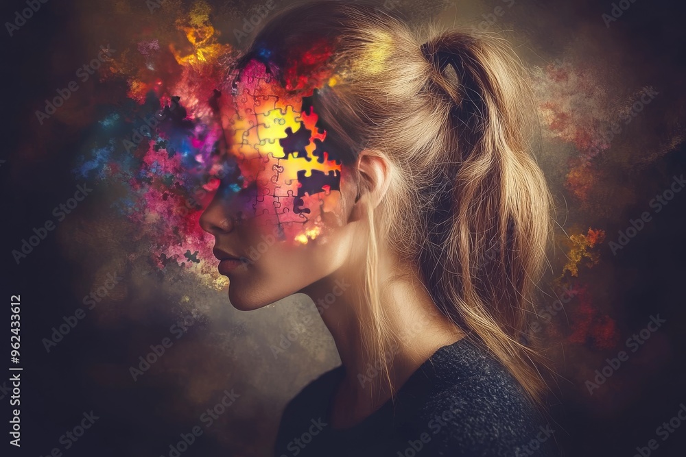 Poster medulla oblongata cognitive machinery female profile with colorful abstract elements symbolizing the