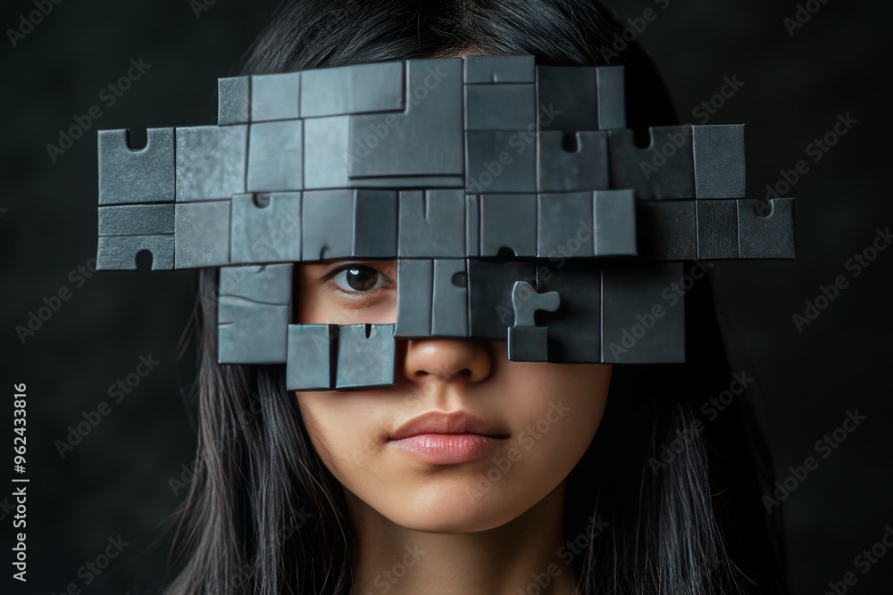 Poster synaptic circuits cognitive machinery female portrait with puzzle piece blindfold symbolizing the ch