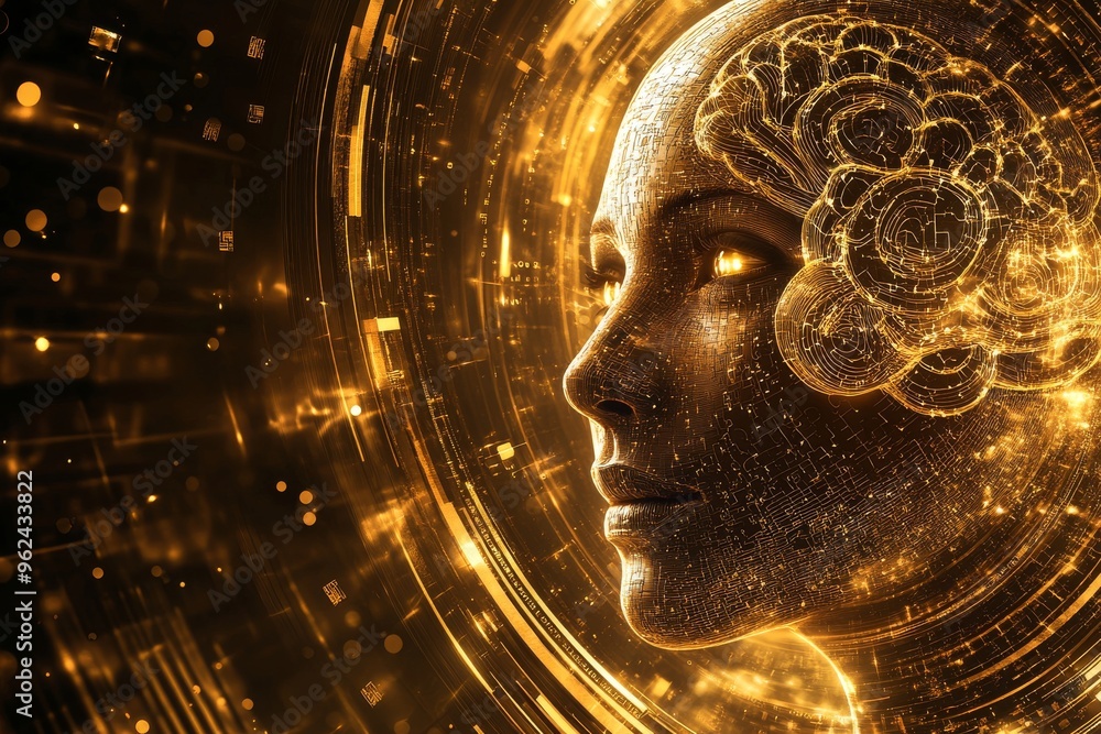 Poster subcortical structures cognitive machinery golden futuristic female profile with neural patterns rep