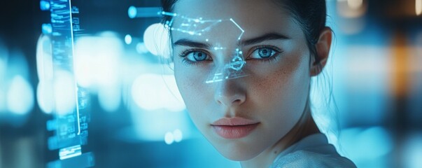 A confident woman in a futuristic workspace, using a holographic interface, making eye contact with the camera. Wide-angle perspective with digital elements and copy space on the right