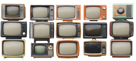 A collection of vintage televisions stacked together, showcasing various styles and designs from different eras, all with blank, transparent screens against a transparent, isolated background
