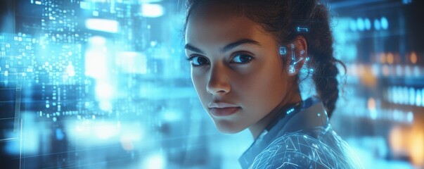 A confident woman in a futuristic workspace, using a holographic interface, making eye contact with the camera. Wide-angle perspective with digital elements and copy space on the right