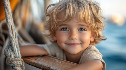Happy Little Boy on a Boat at Sea, Close-Up Portrait with Bokeh Background on a Beautiful Summer Day

