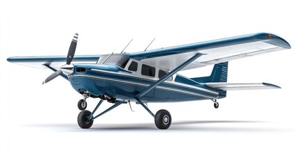 A blue and white single-engine propeller plane isolated on a white background.