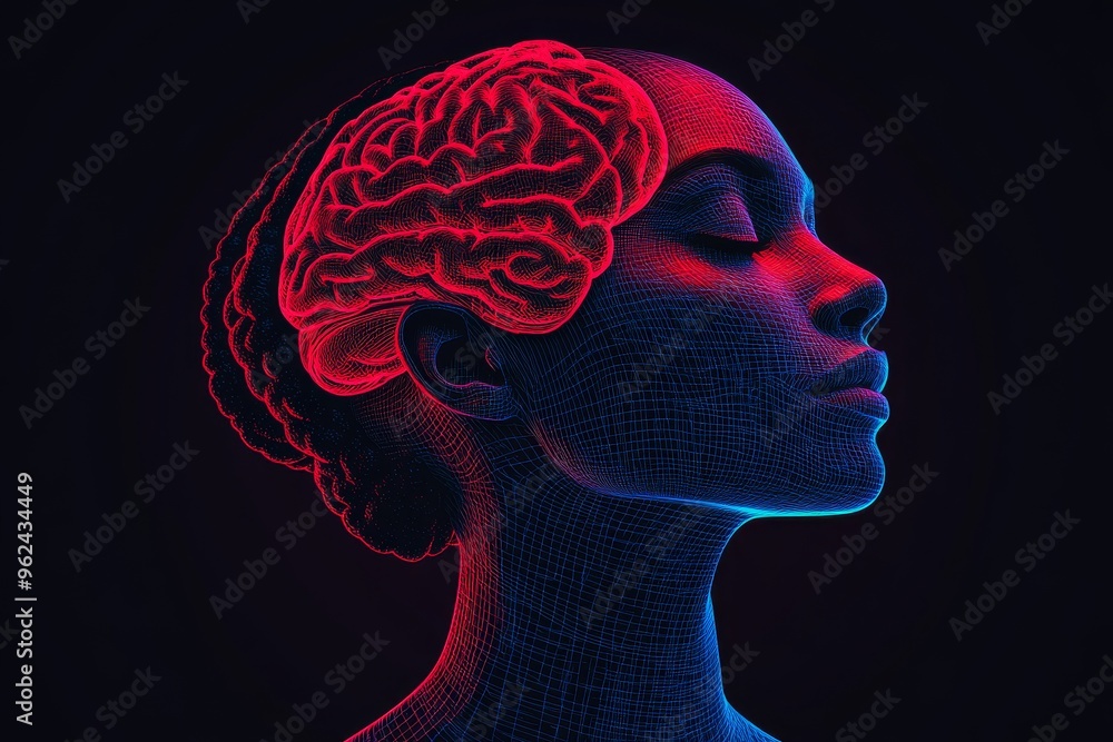 Poster glial cells cognitive machinery female profile with a glowing brain in a dark futuristic setting sym