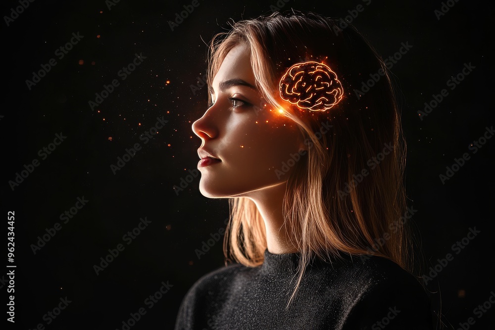 Poster cerebral circuits cognitive machinery female profile with a glowing brain and abstract elements illu