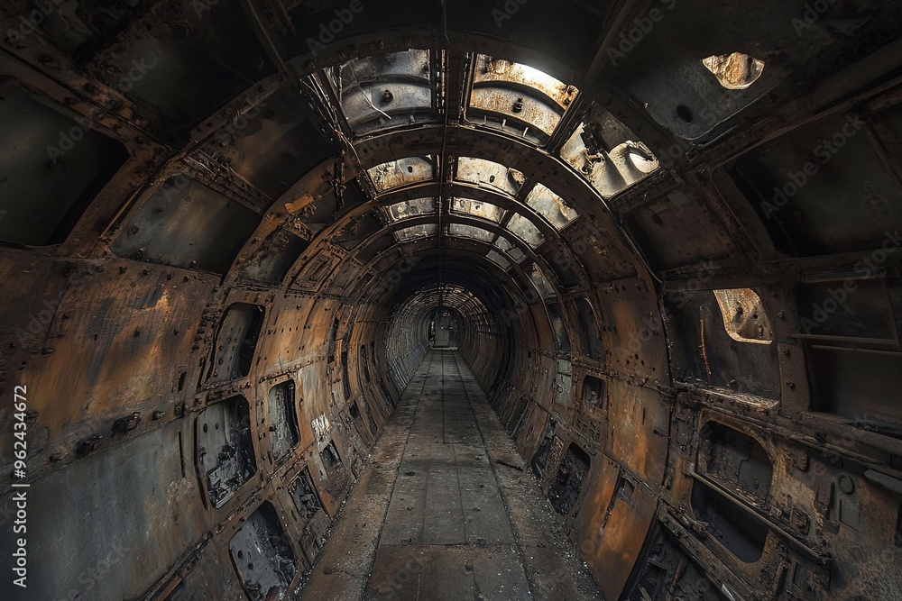Poster exploring an abandoned tunnel within a decaying aircraft fuselage in an isolated location during lat