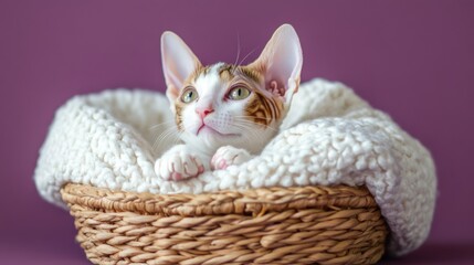 A Cornish Rex kitten lounging in a small basket with simple cotton bedding, placed against a soft plum studio backdrop with gentle shadows, copy space, unique cat breed portrait 