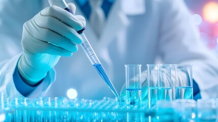 Lab Scientist Dropping Blue Liquid into Test Tube