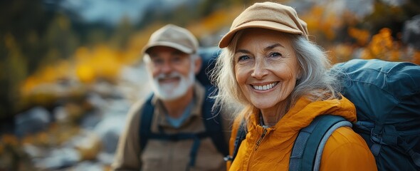 Happy Senior Couple Hiking in the Mountains on a Sunny Day with Bokeh Background and Ample Copy Space

