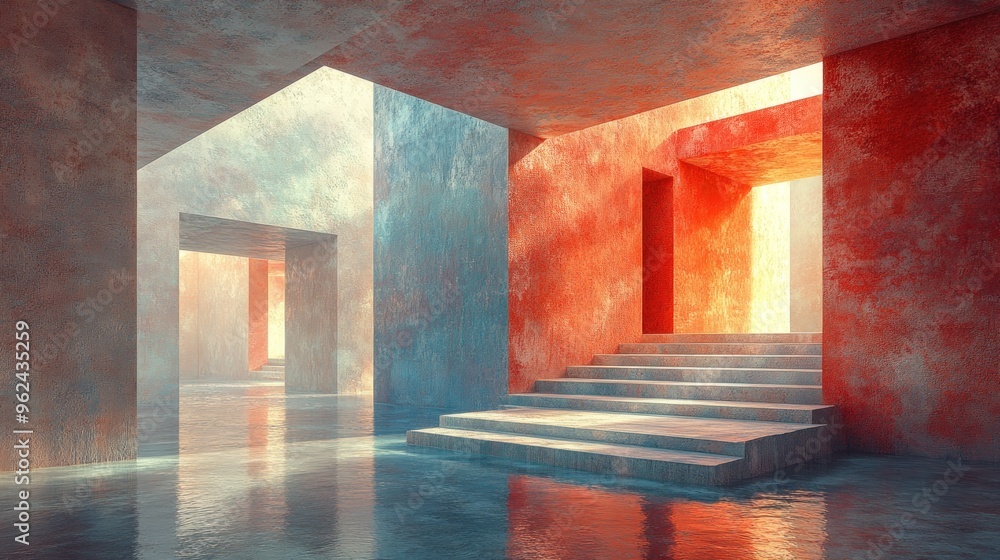 Poster abstract architecture with colorful walls and a staircase leading to a doorway.