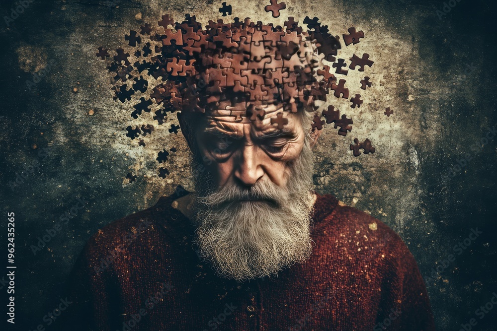 Poster Thought processor Cognitive machinery Elderly man with puzzle pieces scattered in his head representing the loss of memory identity and the passage of time in a contemplative setting