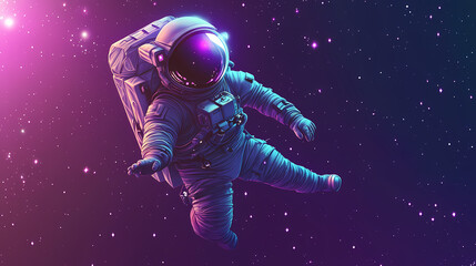 Dreamy astronaut floating in space, with a glowing helmet and purple stars. Astronaut. Illustration