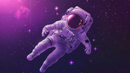 Fototapeta premium Dreamy astronaut floating in space, with a glowing helmet and purple stars. Astronaut. Illustration