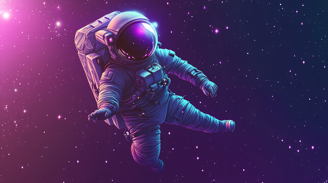 Dreamy astronaut floating in space, with a glowing helmet and purple stars. Astronaut. Illustration