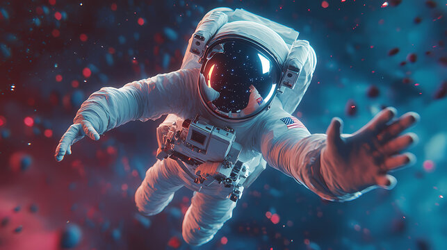 I offer you the stars / 3d illustration of science fiction scene with astronaut floating in outer space reaching with open hand towards viewer. Astronaut. Illustration